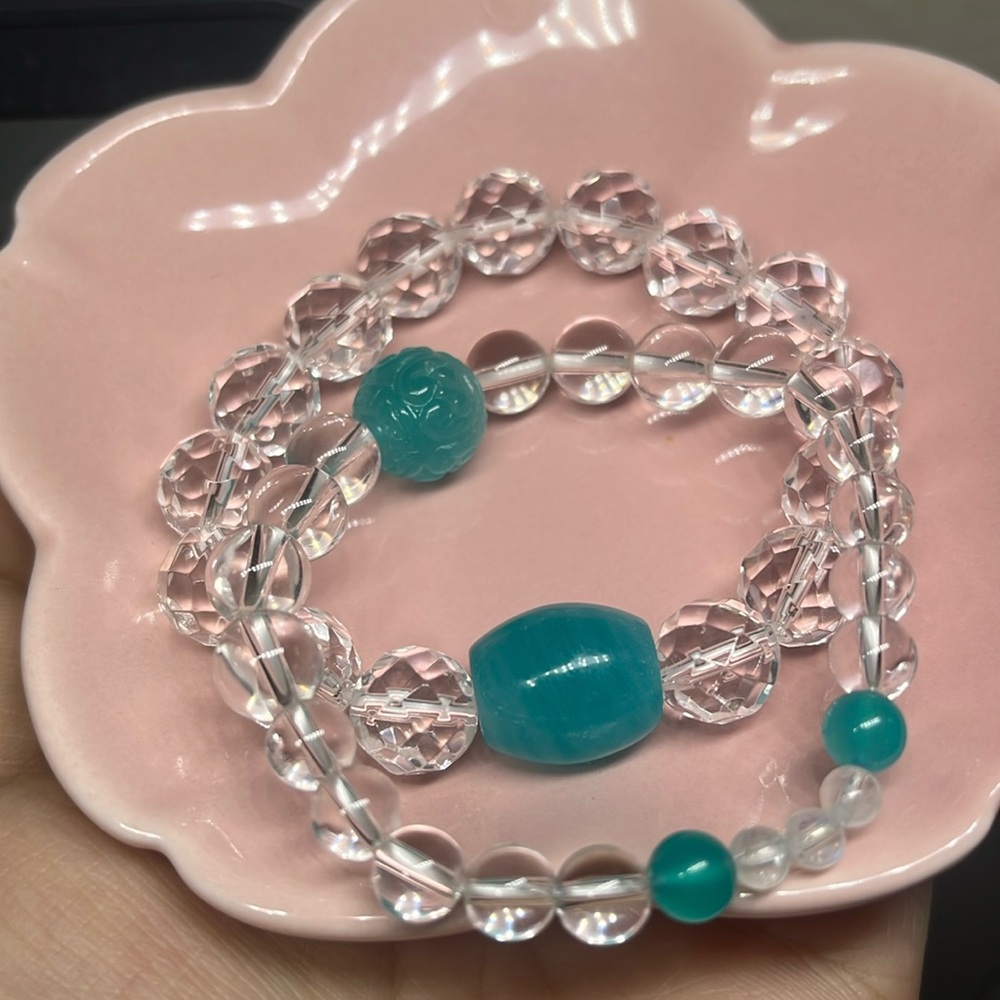 White Crystal & Amazonyte Beaded Bracelets